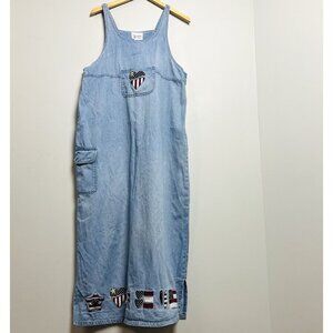 Vintage Christopher & Banks Overall Dress sz L Denim USA Flag‎ Patches Americana